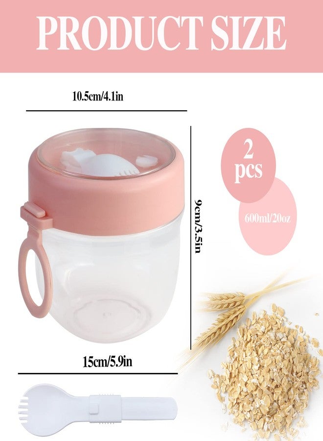 Roucerlin 2Pcs Overnight Oats Containers with Lids Spoon 20 oz, Portable Plastic Yogurt Jars, Breakfast on the Go Cups for Adults, Meal Prep Oatmeal Jars for Milk Cereal Fruit Snack (2 pink) - Image 2