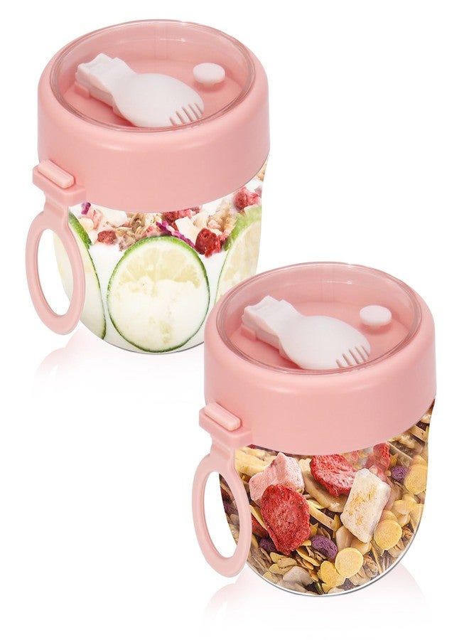 Roucerlin 2Pcs Overnight Oats Containers with Lids Spoon 20 oz, Portable Plastic Yogurt Jars, Breakfast on the Go Cups for Adults, Meal Prep Oatmeal Jars for Milk Cereal Fruit Snack (2 pink) - Image 1
