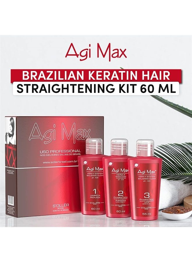 AGI Max Brazilian Natural Keratin Hair Treatment Kit for Straightening Curls and Frizz, Reducing Dry Damage, Nourish and Hydrate Root to Tip, Support Color Treated Styles - 3 Steps (3 x 60ml) - Image 1