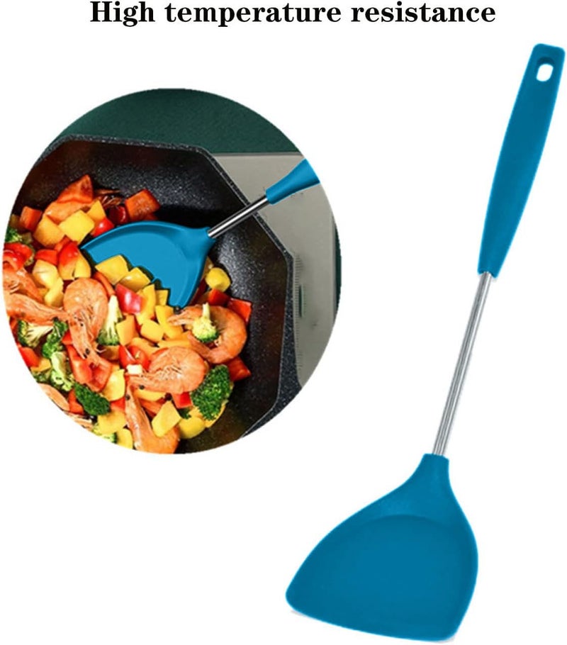 P Plus Fire P Plus Fire Non Stick Spoon Silicone Ladle Spoon Slotted Spoon Pasta Server Spaghetti Spoon NonStick Rice Spoon Serving Spoon for Seving Silicone Spoon for Cooking Set of 3 Blue  - Image 4