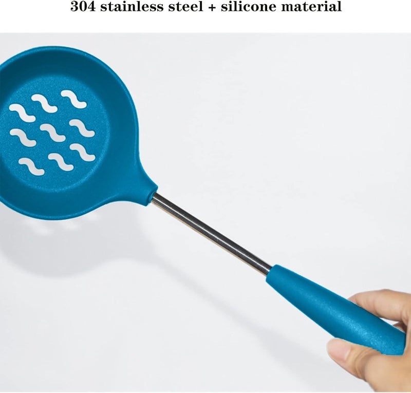 P Plus Fire P Plus Fire Non Stick Spoon Silicone Ladle Spoon Slotted Spoon Pasta Server Spaghetti Spoon NonStick Rice Spoon Serving Spoon for Seving Silicone Spoon for Cooking Set of 3 Blue  - Image 3