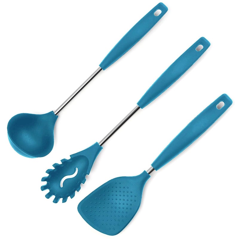 P Plus Fire P Plus Fire Non Stick Spoon Silicone Ladle Spoon Slotted Spoon Pasta Server Spaghetti Spoon NonStick Rice Spoon Serving Spoon for Seving Silicone Spoon for Cooking Set of 3 Blue  - Image 1