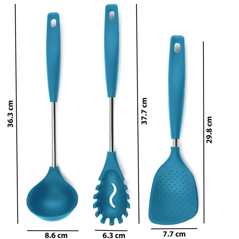 P Plus Fire P Plus Fire Non Stick Spoon Silicone Ladle Spoon Slotted Spoon Pasta Server Spaghetti Spoon NonStick Rice Spoon Serving Spoon for Seving Silicone Spoon for Cooking Set of 3 Blue  - Image 2