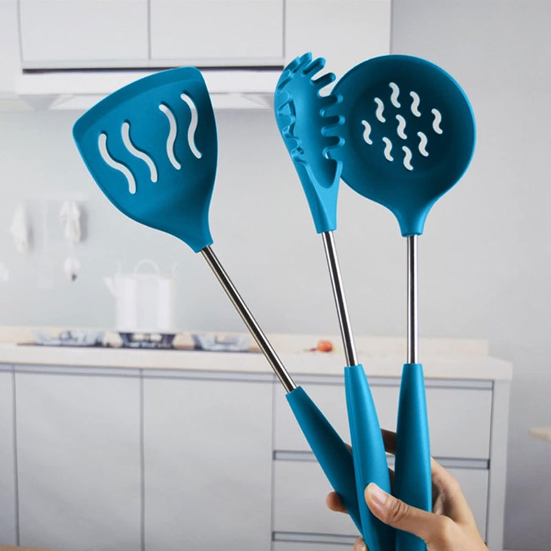 P Plus Fire P Plus Fire Non Stick Spoon Silicone Ladle Spoon Slotted Spoon Pasta Server Spaghetti Spoon NonStick Rice Spoon Serving Spoon for Seving Silicone Spoon for Cooking Set of 3 Blue  - Image 5
