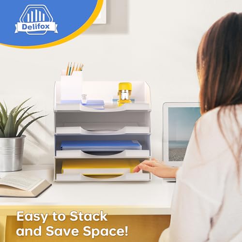 Delifox 4 Pack Stackable Paper Trays for Letter Documents, Desktop File Organizers for Office Supplies, Stackable Desk Tray Holder for Paper Storage, White - Image 5