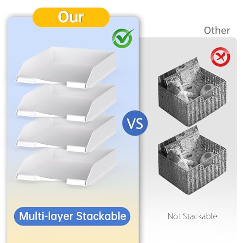 Delifox 4 Pack Stackable Paper Trays for Letter Documents, Desktop File Organizers for Office Supplies, Stackable Desk Tray Holder for Paper Storage, White - Image 3
