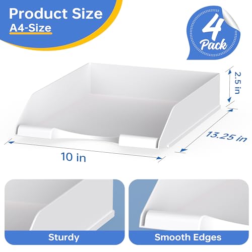 Delifox 4 Pack Stackable Paper Trays for Letter Documents, Desktop File Organizers for Office Supplies, Stackable Desk Tray Holder for Paper Storage, White - Image 2