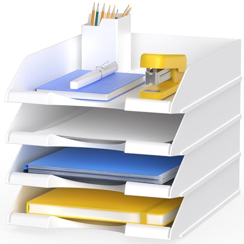 Delifox 4 Pack Stackable Paper Trays for Letter Documents, Desktop File Organizers for Office Supplies, Stackable Desk Tray Holder for Paper Storage, White - Image 1