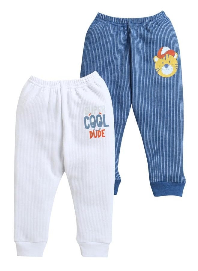 BUMZEE بنطلون رياضي حراري قطني للأولاد من BUMZEE باللونين الأبيض والأزرق النيلي، عبوة من قطعتين، العمر من 3 إلى 6 أشهر (Peb9627B-wht.ibl) - Image 1