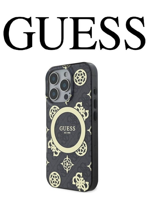 iPhone 16 Pro Max Case, supports wireless charging MagSafe, transparent Black with original logo and approved design from the global brand Guess. From CG Mobile.