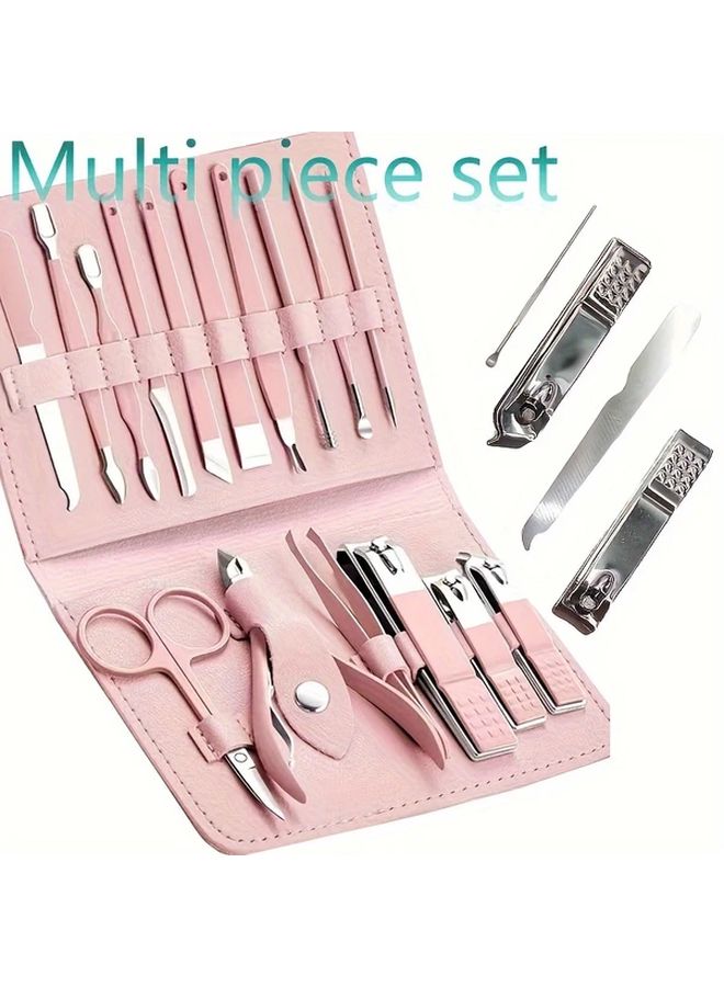 طقم مانيكير وباديكير من ستانلس ستيل بحقيبة تخزين قابلة للطي - بدلة وردية - Image 2