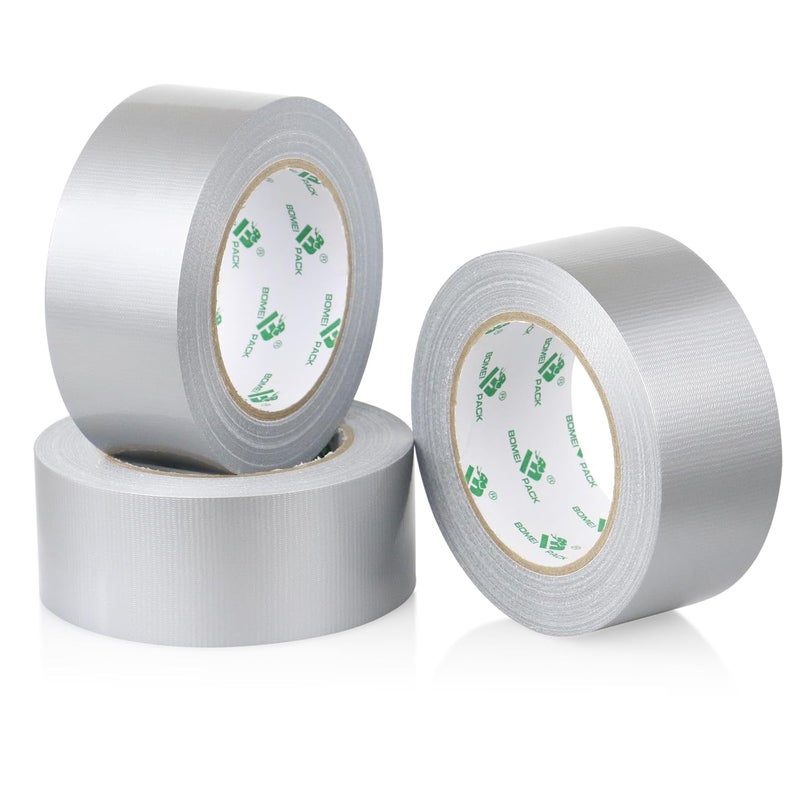 BOMEI PACK 3 Rolls Silver Duct Tape Reinforced Ducts Fixing Repairing Gaffer Tape Grey 48mm x 32m Waterproofs for Heavy Duty Moving Boxes Sealing Packing,DIY craft labeling - Image 1