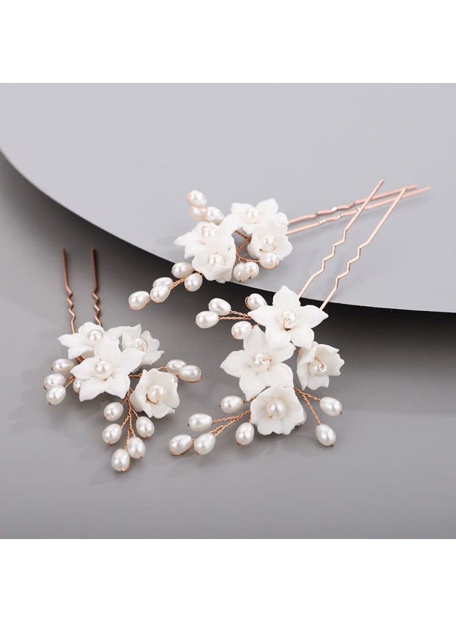 Chargances 3pcs White Flower Pearl Hair Pins Bridal Rose Gold Pearl Beaded Hair Pins Handmade Wedding Hair Accessories for Women Girls Bridesmaids (Rose Gold) - Image 2