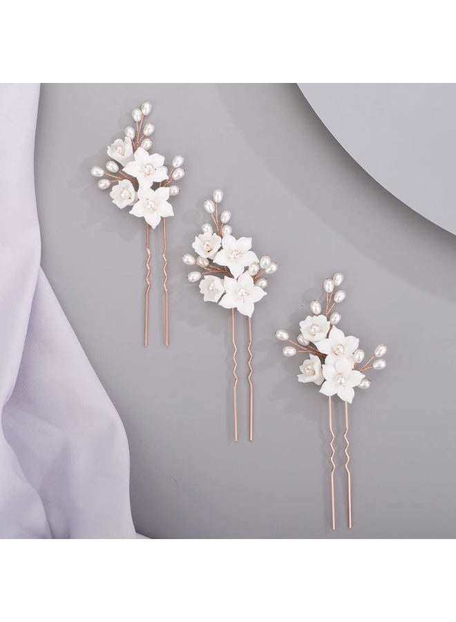 Chargances 3pcs White Flower Pearl Hair Pins Bridal Rose Gold Pearl Beaded Hair Pins Handmade Wedding Hair Accessories for Women Girls Bridesmaids (Rose Gold) - Image 1