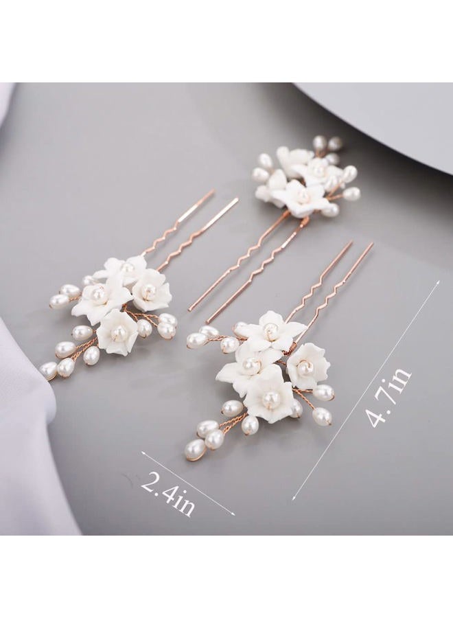 Chargances 3pcs White Flower Pearl Hair Pins Bridal Rose Gold Pearl Beaded Hair Pins Handmade Wedding Hair Accessories for Women Girls Bridesmaids (Rose Gold) - Image 4