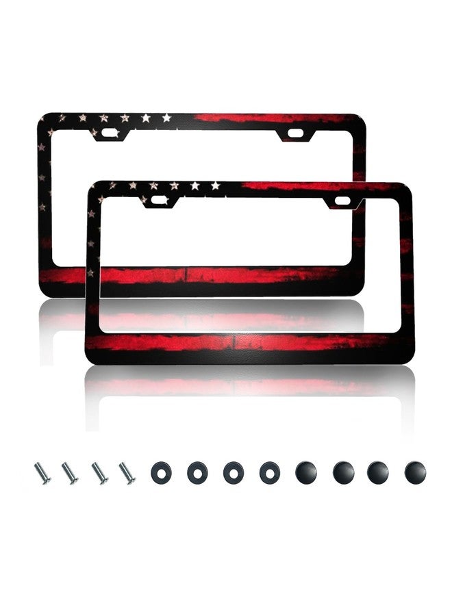 CTVSLFU License Plate Frame 2 Pack Aluminum Metal Rust-Proof Front & Rear Car Tag Holder with 2 Holes, Universal Car Accessories with Screws for Men & Women - 002 Black Red American Flag - Image 1