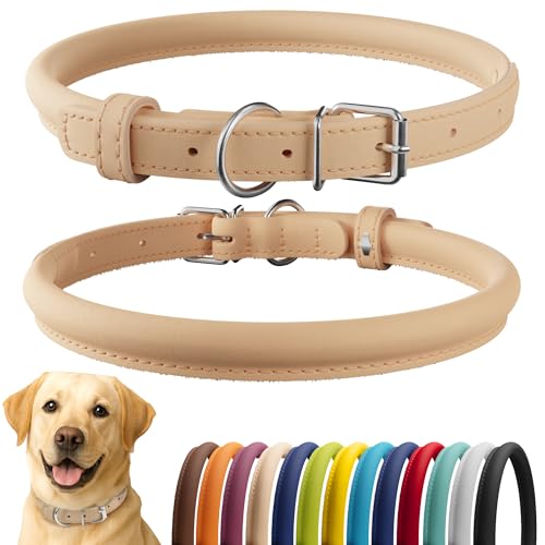 CollarDirect Rolled Leather Dog Collar, Soft Padded Round Puppy Collar, Handmade Genuine Leather Collar Dog Small Large Cat Collars 13 Colors (18-22 Inch, Beige Smooth) - Image 1