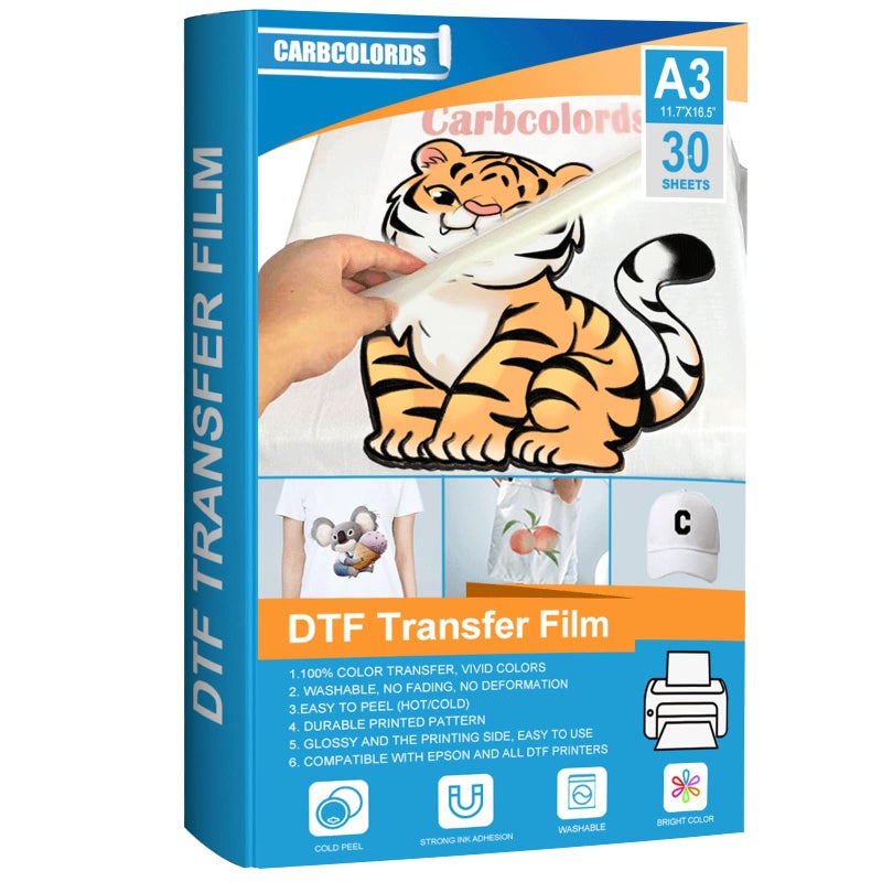 Carbcolords Carbcolords DTF Transfer FilmGlossy Clear PreTreat Premium PET Heat Transfer Paper for DYI Direct Print on TShirts Colors Textile and All FabricA3 117x16530 Sheets