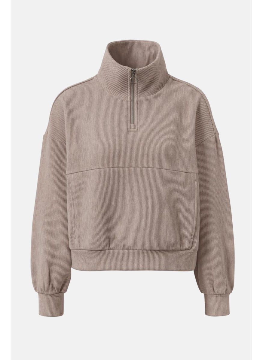 Tchibo Women Regular Fit Long Sleeves Ribbed Sweatshirt, Beige  - Image 3