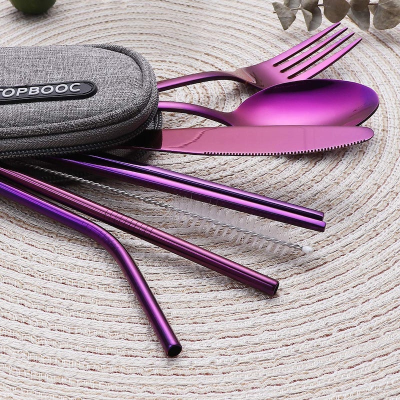 Topbooc 8-Piece Portable Stainless Steel Flatware Set, Travel Camping Cutlery Set with Purple Waterproof Case - Image 2