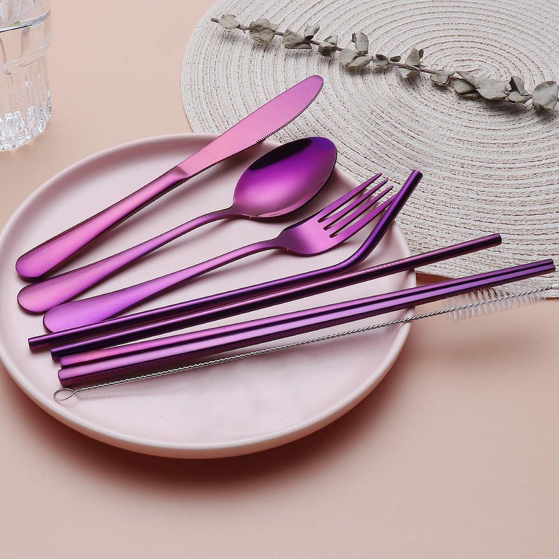 Topbooc 8-Piece Portable Stainless Steel Flatware Set, Travel Camping Cutlery Set with Purple Waterproof Case - Image 3