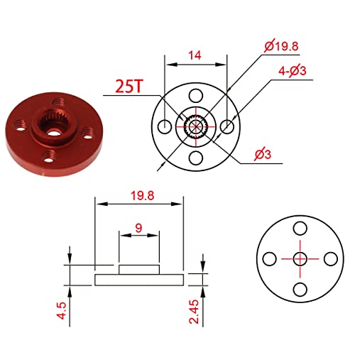 SQXBK 25T Servo Arm 5PCS 25T Round Type Servo Horn Robot Arm Aluminum Alloy CNC Standard Metal Rocker Servo Accessories Disc Steering Arm for RC Model Car Robot Boat Airplane Red - Image 5