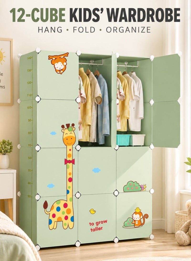 XiuWoo 12-Cube Kids Wardrobe with Hanging Rod, Modular PP Plastic Clothes Storage Cabinet, DIY Organizer for Baby Clothes, Toys and Blankets, Portable Closet for Bedroom and Nursery - Image 1