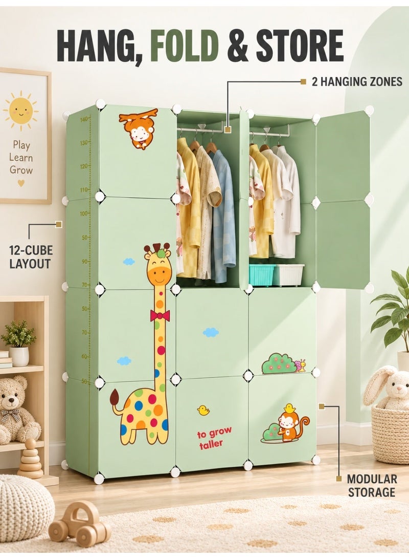 XiuWoo 12-Cube Kids Wardrobe with Hanging Rod, Modular PP Plastic Clothes Storage Cabinet, DIY Organizer for Baby Clothes, Toys and Blankets, Portable Closet for Bedroom and Nursery - Image 5