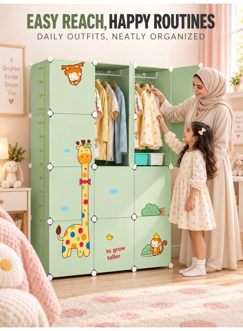 XiuWoo 12-Cube Kids Wardrobe with Hanging Rod, Modular PP Plastic Clothes Storage Cabinet, DIY Organizer for Baby Clothes, Toys and Blankets, Portable Closet for Bedroom and Nursery - Image 2