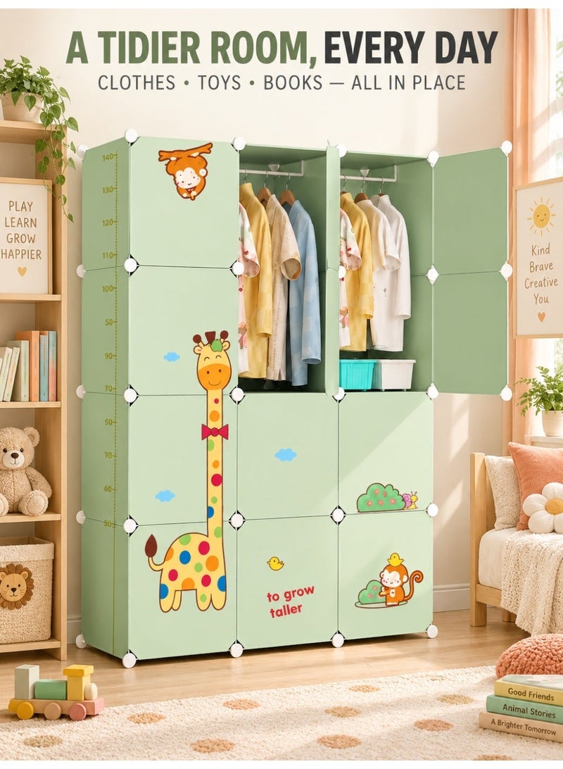 XiuWoo 12-Cube Kids Wardrobe with Hanging Rod, Modular PP Plastic Clothes Storage Cabinet, DIY Organizer for Baby Clothes, Toys and Blankets, Portable Closet for Bedroom and Nursery - Image 4