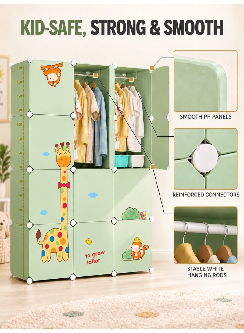 XiuWoo 12-Cube Kids Wardrobe with Hanging Rod, Modular PP Plastic Clothes Storage Cabinet, DIY Organizer for Baby Clothes, Toys and Blankets, Portable Closet for Bedroom and Nursery - Image 3