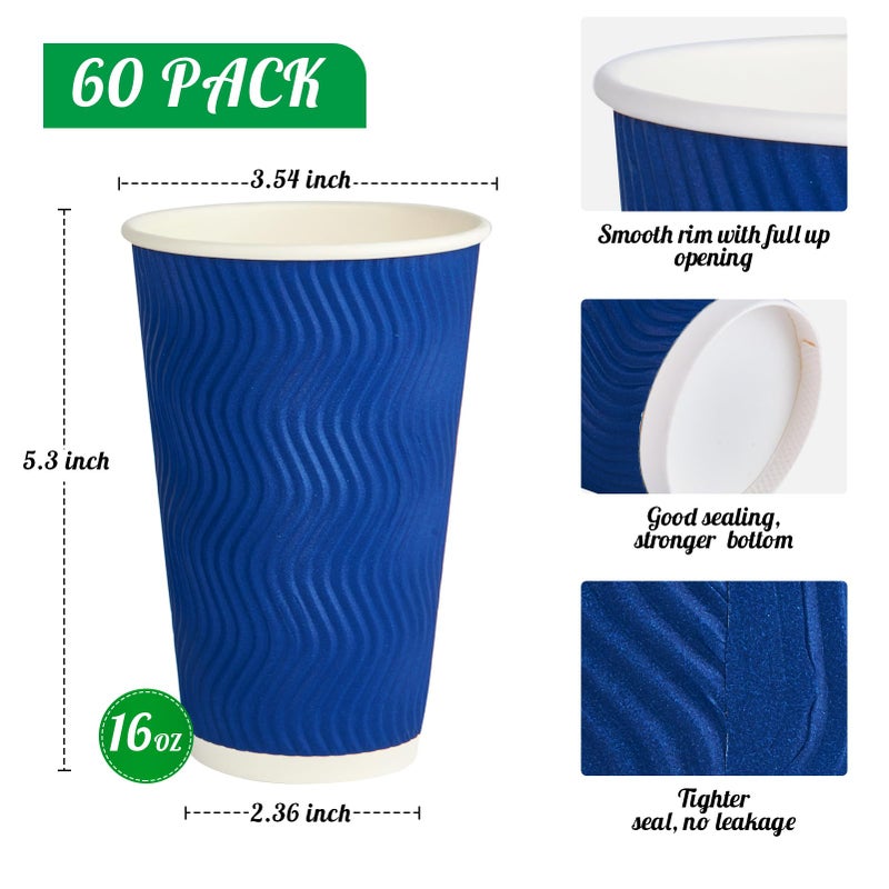 JollyPack Paper Coffee Cups  16 oz  Blue  60 Pack  Heat Resistant  Disposable  Ripple Wall  for Coffee  Tea  Hot Chocolate - Image 2