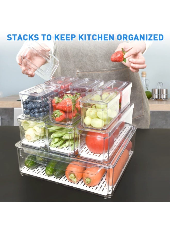 10 عبوات منظم ثلاجة، حاويات ثلاجة قابلة للتكديس مع أغطية، حاويات تخزين فواكه خالية من مادة BPA للثلاجة، شفافة للطعام والمشروبات والخضروات - Image 2