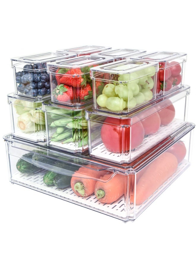 10 عبوات منظم ثلاجة، حاويات ثلاجة قابلة للتكديس مع أغطية، حاويات تخزين فواكه خالية من مادة BPA للثلاجة، شفافة للطعام والمشروبات والخضروات - Image 1