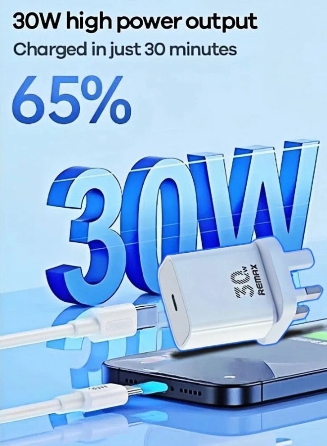 ريماكس شاحن سفر سريع بقوة 30 واط بتقنية GaN PD مع مجموعة كابلات شحن من النوع C-C، شاحن سفر قياسي بريطاني، أبيض، لأجهزة iPhone 17/16/15/Air/Pro/Pro Max/Plus/iPad/Galaxy S25/S24/S23 Ultra Pixel، إلخ. - Image 4