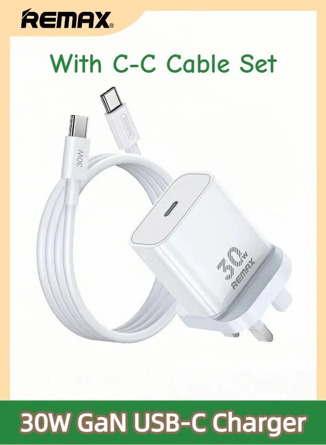 ريماكس شاحن سفر سريع بقوة 30 واط بتقنية GaN PD مع مجموعة كابلات شحن من النوع C-C، شاحن سفر قياسي بريطاني، أبيض، لأجهزة iPhone 17/16/15/Air/Pro/Pro Max/Plus/iPad/Galaxy S25/S24/S23 Ultra Pixel، إلخ. - Image 1