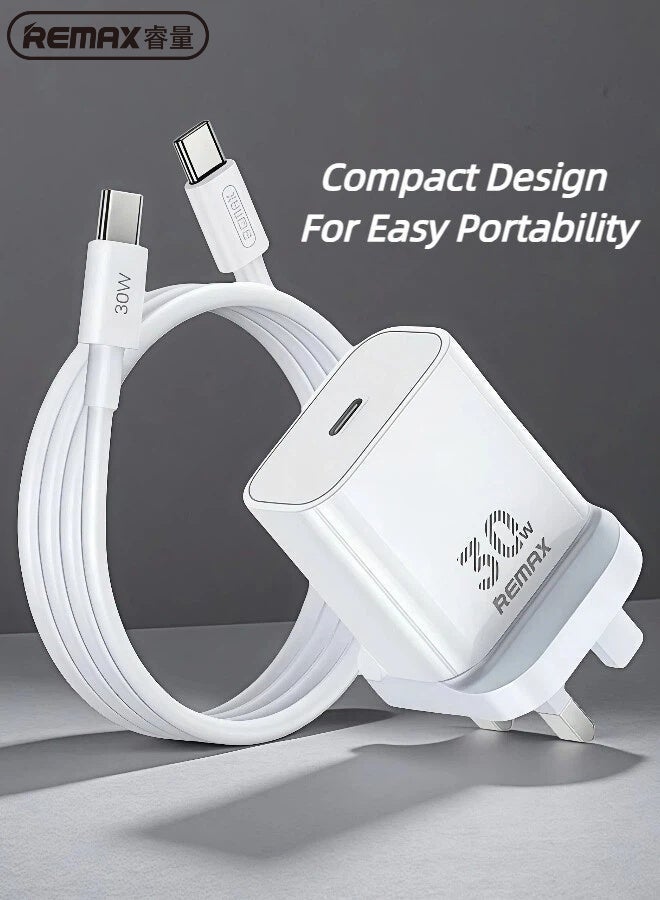 ريماكس شاحن سفر سريع بقوة 30 واط بتقنية GaN PD مع مجموعة كابلات شحن من النوع C-C، شاحن سفر قياسي بريطاني، أبيض، لأجهزة iPhone 17/16/15/Air/Pro/Pro Max/Plus/iPad/Galaxy S25/S24/S23 Ultra Pixel، إلخ. - Image 3