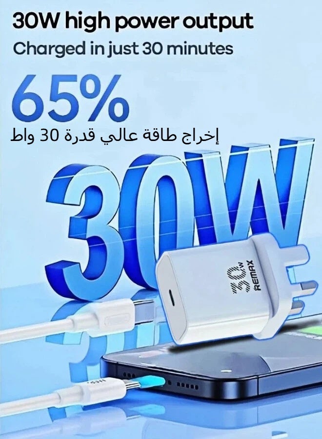 ريماكس مجموعة شاحن سريع PD بقوة 30 واط RP-U71، شاحن USB من النوع C بتقنية GaN مع كابل من النوع C إلى النوع C، محول سفر عالمي بمقبس بريطاني لأجهزة iPhone 17/16/15 و iPad و Galaxy و Pixel وجميع أجهزة USB من النوع C (أبيض) - Image 5
