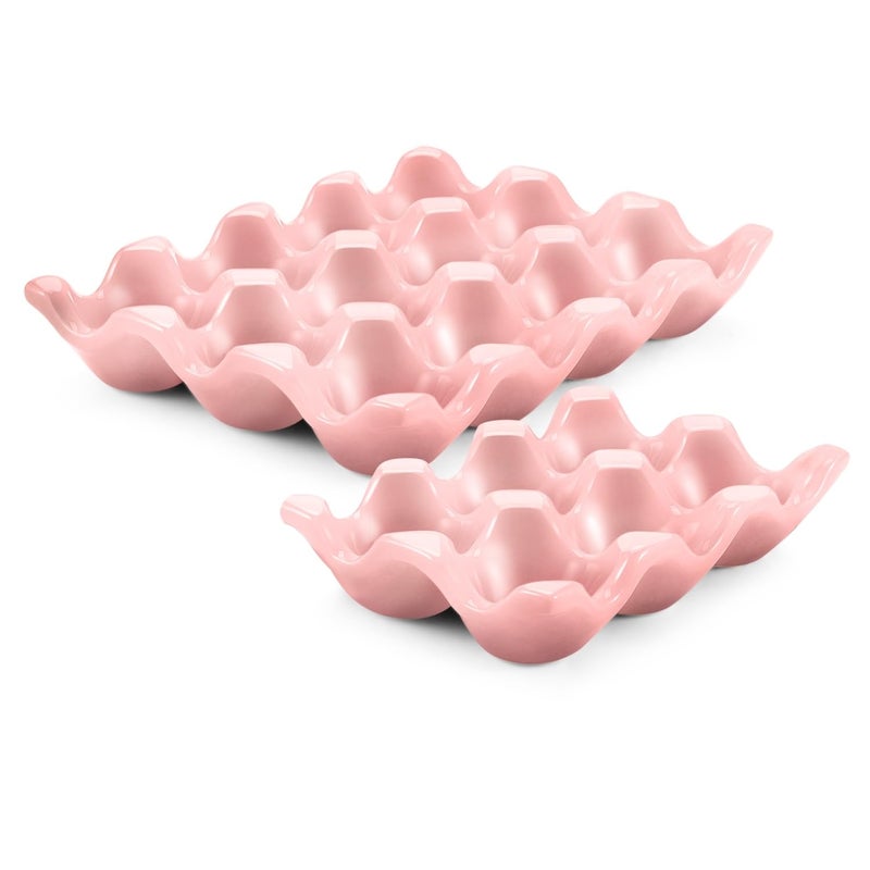 Flexzion 12 + 6 Cups Ceramic Egg Holder for Fridge - 18 Porcelain Egg Tray Container Keeper Storage Organizer Decorative Serving Stand Serveware for Refrigerator Countertop Display Kitchen (Pink) - Image 1