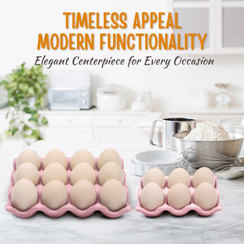 Flexzion 12 + 6 Cups Ceramic Egg Holder for Fridge - 18 Porcelain Egg Tray Container Keeper Storage Organizer Decorative Serving Stand Serveware for Refrigerator Countertop Display Kitchen (Pink) - Image 5
