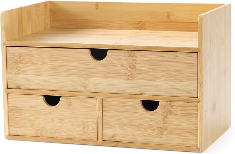 Wisuce Bamboo Desk Organizer, Mini Desktop Drawer Tabletop Storage Organization Box for Office Home Toiletries Supplies Vanity, No Assembly Required (3 Drawer with Shelf) - Image 1