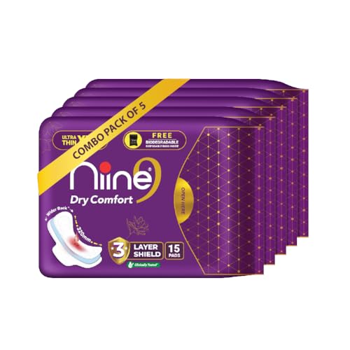 Niine Dry Comfort Ultra Thin XL+ Sanitary Pads for Women | 75 Pads, Pack of 5| 320mm Long|Suitable for Heavy Flow|Faster Absorption |Prevents Wetness & Leakage |With Free Biodegradable Disposable Bags - Image 1