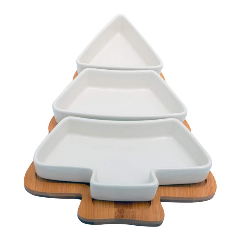 EZ Life Tree Serving Platter with 3 Separate Compartments and Wooden Tray Set - White Ceramic - Pack of 1 - Image 2