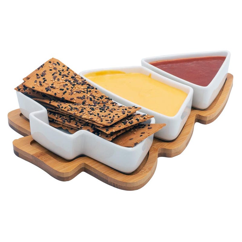 EZ Life Tree Serving Platter with 3 Separate Compartments and Wooden Tray Set - White Ceramic - Pack of 1 - Image 3