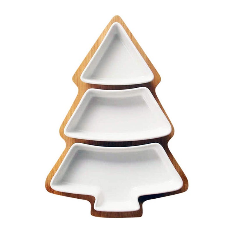 EZ Life Tree Serving Platter with 3 Separate Compartments and Wooden Tray Set - White Ceramic - Pack of 1 - Image 1