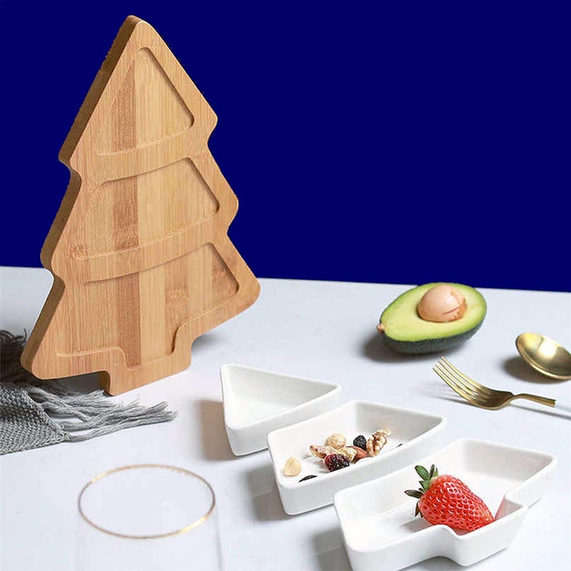 EZ Life Tree Serving Platter with 3 Separate Compartments and Wooden Tray Set - White Ceramic - Pack of 1 - Image 4