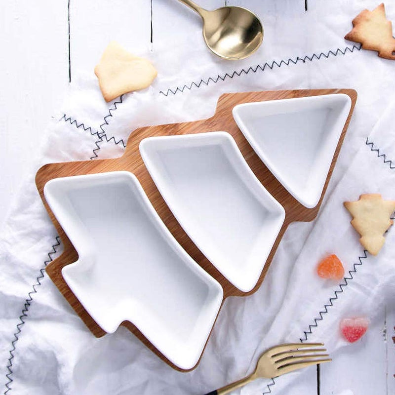 EZ Life Tree Serving Platter with 3 Separate Compartments and Wooden Tray Set - White Ceramic - Pack of 1 - Image 5