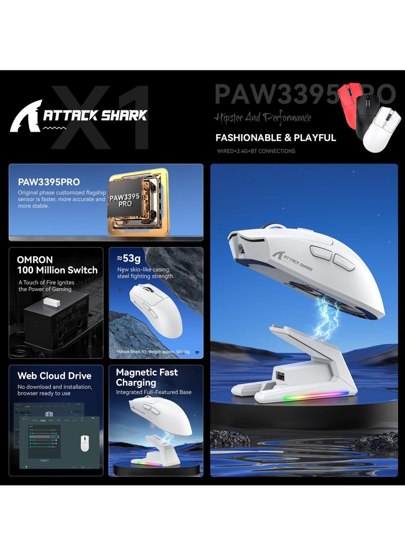 X1 Wireless Gaming Mouse with RGB Charging Dock, PAW3950 PRO Sensor Up to 40K DPI,53g Ultra Light Tri-Mode Computer Mice,1KHz Polling Rate 5 Programmable Buttons for WIN/MAC