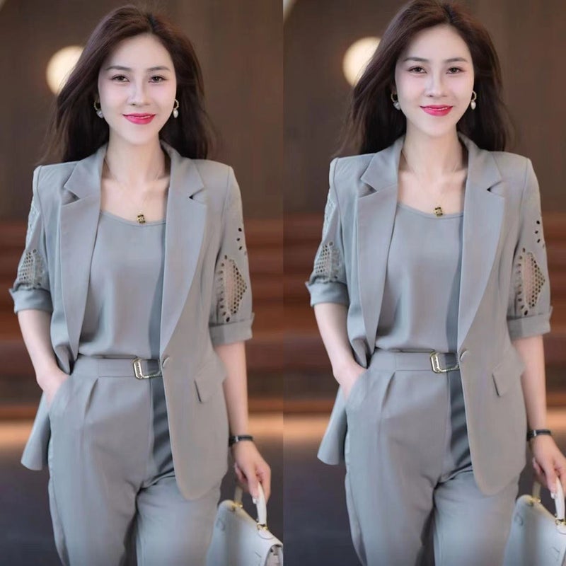 Womens Slim-fit Business Suit Set Summer 2023 Grey - Image 1