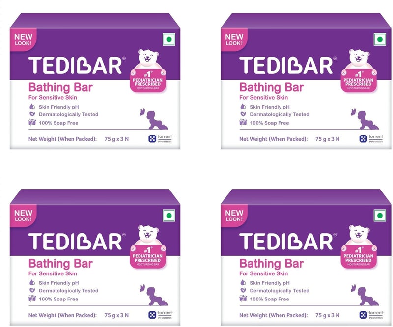 Tedibar Moisturising Baby Bathing Bar (75gx3) with Skin Friendly PH|100% Soap Free|Dermatologically Tested x Pack of 4 - Image 1